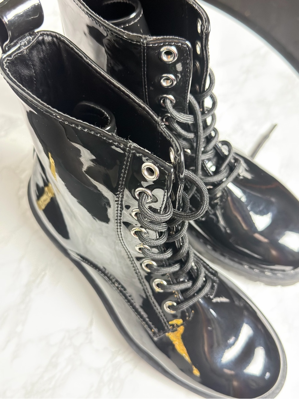H&M Black Patent Lace-Up Combat Boots